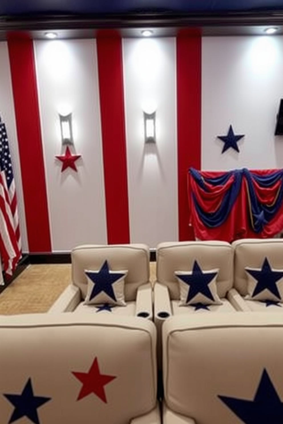 A themed home theater designed for celebrating patriotism and Independence Day. The walls are adorned with red white and blue accents while comfortable seating features star patterned upholstery.