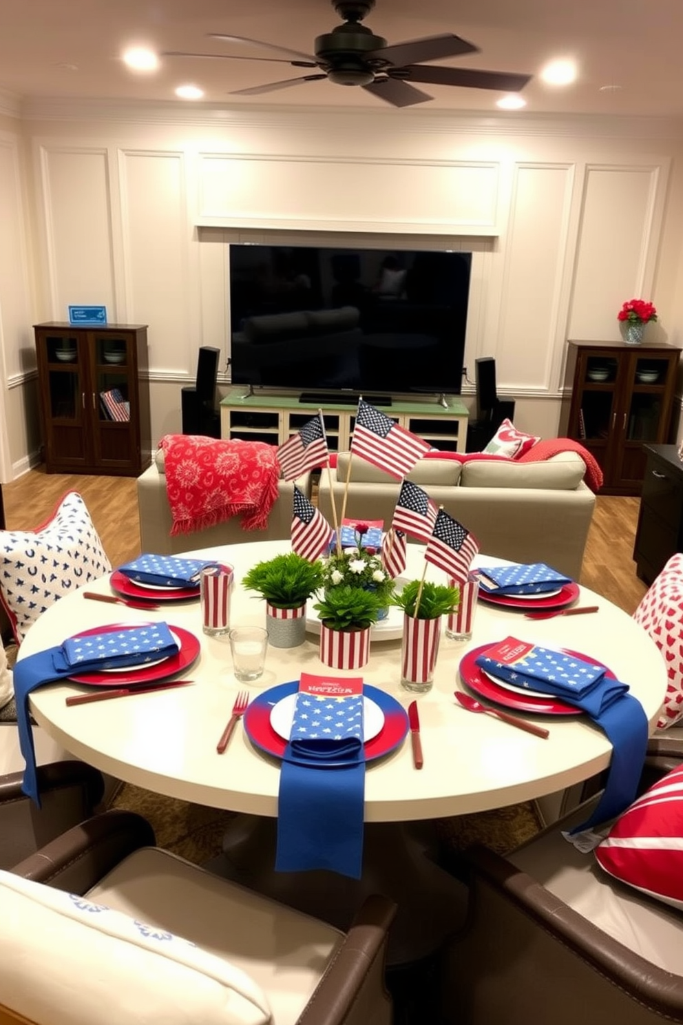 A festive home theater setting decorated in red, white, and blue for Independence Day. The table features vibrant tableware with star and stripe patterns, complemented by matching napkins and centerpieces of miniature flags. Cozy seating arrangements are adorned with patriotic throw pillows and blankets. Soft lighting enhances the celebratory atmosphere, creating a welcoming space for family and friends to gather and enjoy the holiday.