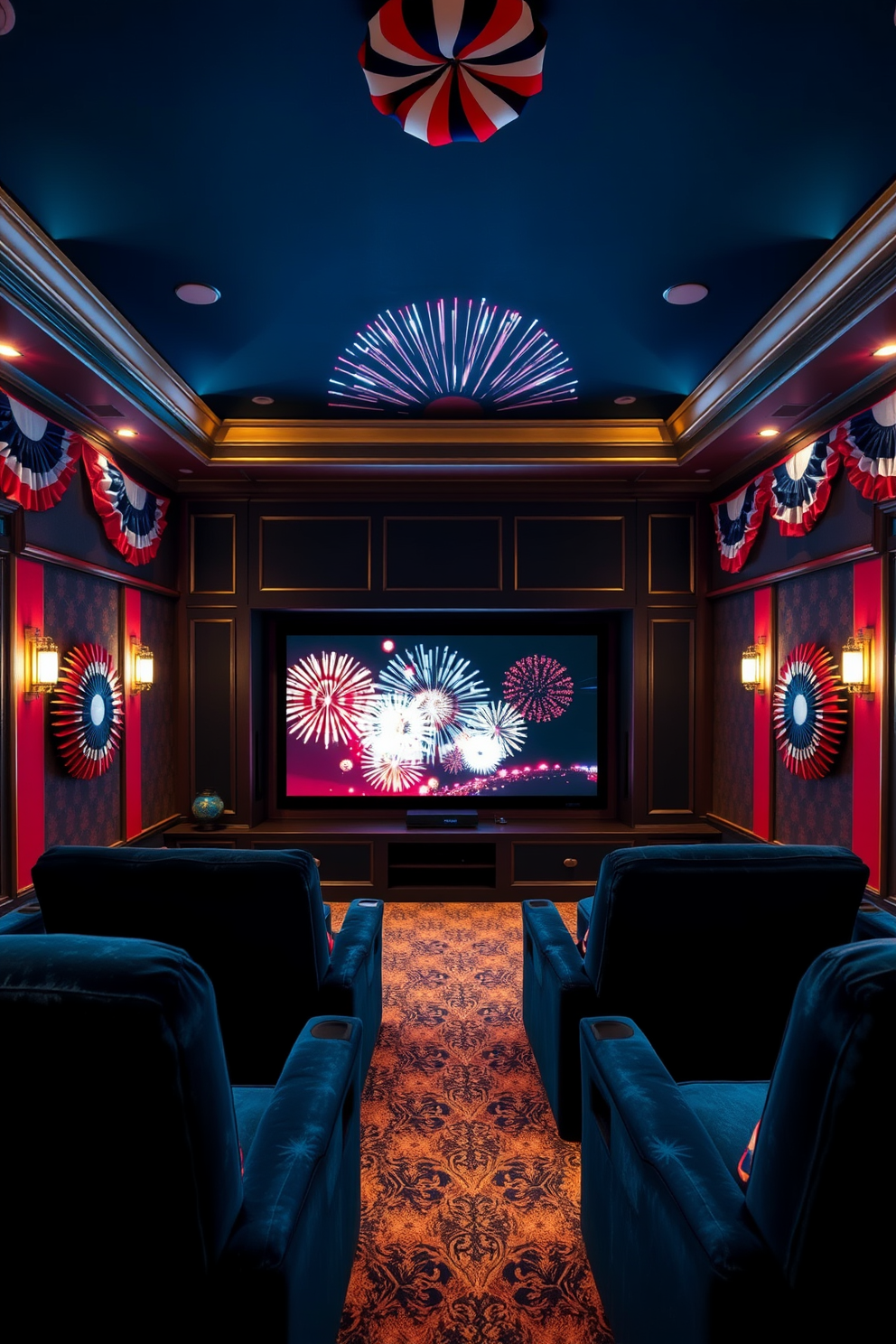 A stunning home theater setting for Independence Day. The room features a large screen displaying vibrant fireworks, surrounded by plush seating in deep blue fabric. The walls are adorned with red, white, and blue decorations, creating a festive atmosphere. Soft lighting highlights the space, enhancing the celebratory mood while maintaining a cozy feel.