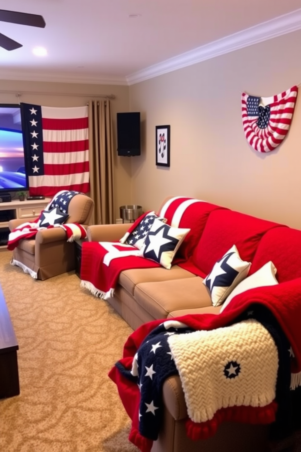 A cozy home theater adorned with patriotic themed throw blankets in red, white, and blue. The seating area features a plush sectional sofa, layered with the throw blankets, creating a festive atmosphere for Independence Day celebrations.