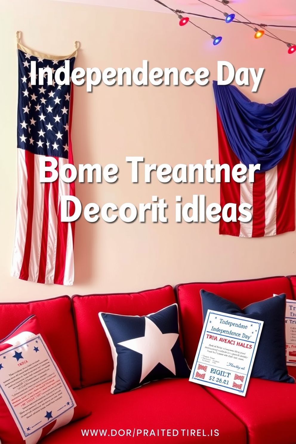 Independence Day themed trivia cards. The cards feature a vibrant red, white, and blue color scheme with stars and stripes designs. Independence Day Home Theater Decorating Ideas. The space includes patriotic-themed cushions, a large American flag draped on the wall, and string lights in red and blue.