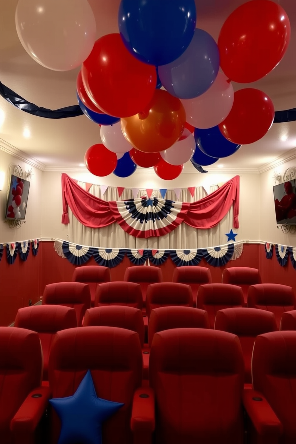 A festive home theater adorned with red white and blue inflatable decorations. The walls are draped with patriotic bunting while colorful balloons float above the seating area, creating a cheerful atmosphere for Independence Day celebrations.