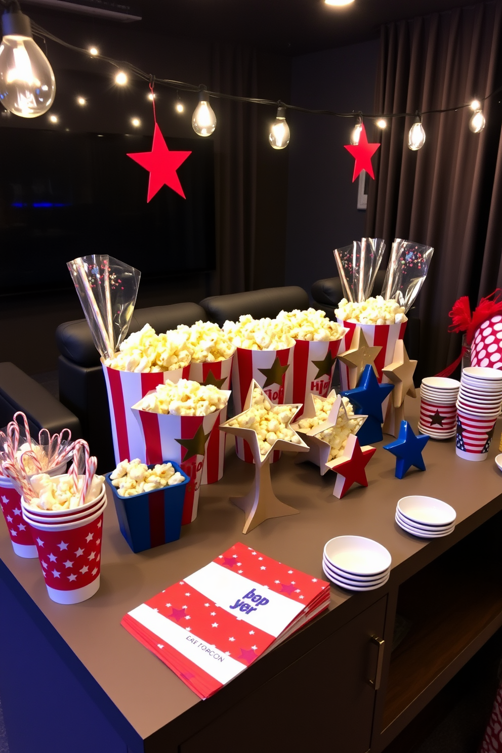 A festive popcorn bar is set up in a cozy home theater for Independence Day celebrations. The table is adorned with red white and blue decorations featuring star shaped bowls filled with various popcorn flavors. String lights hang overhead creating a warm inviting atmosphere. Patriotic themed napkins and cups are neatly arranged alongside the popcorn station adding to the festive decor.