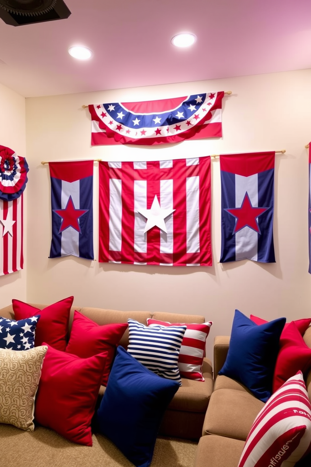 Create a home theater space that celebrates Independence Day with stars and stripes themed wall banners. The walls are adorned with vibrant red, white, and blue decorations, featuring large banners that showcase stars and stripes in a festive arrangement. Incorporate comfortable seating with plush cushions in coordinating colors to enhance the patriotic ambiance. Soft ambient lighting highlights the banners while creating a cozy atmosphere perfect for watching movies with family and friends.