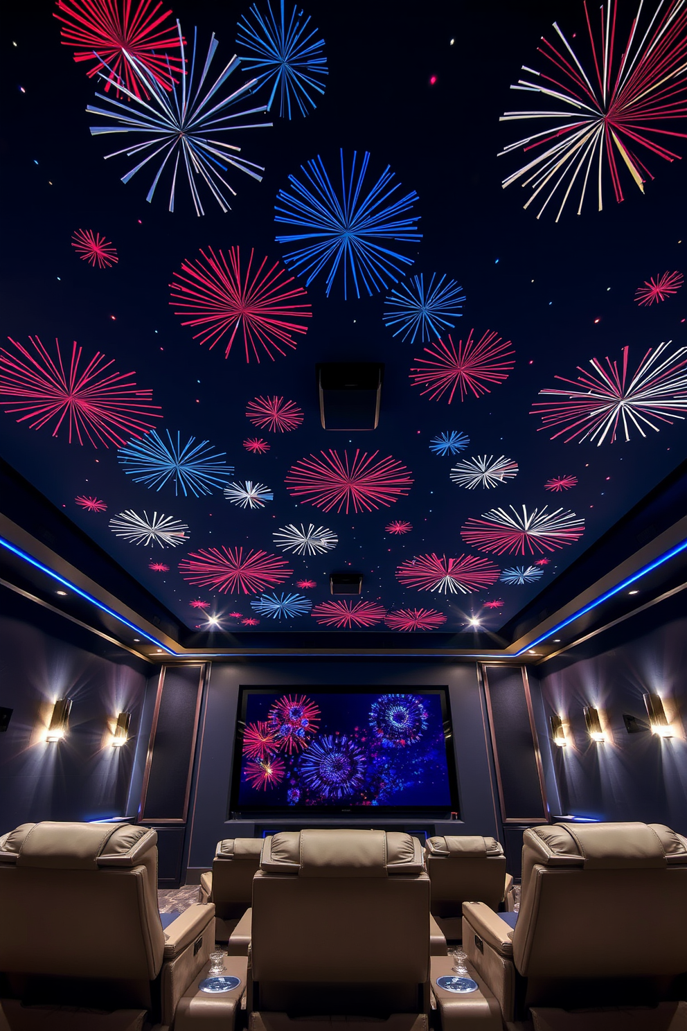 A stunning home theater featuring a ceiling adorned with fireworks-inspired decorations. The ceiling is painted in deep navy blue with vibrant bursts of red, white, and blue, creating a festive atmosphere for Independence Day celebrations. The seating area includes plush reclining chairs arranged in a semi-circle, facing a large screen. Soft LED lights along the walls enhance the cozy ambiance, while patriotic-themed throw pillows add a touch of holiday spirit.