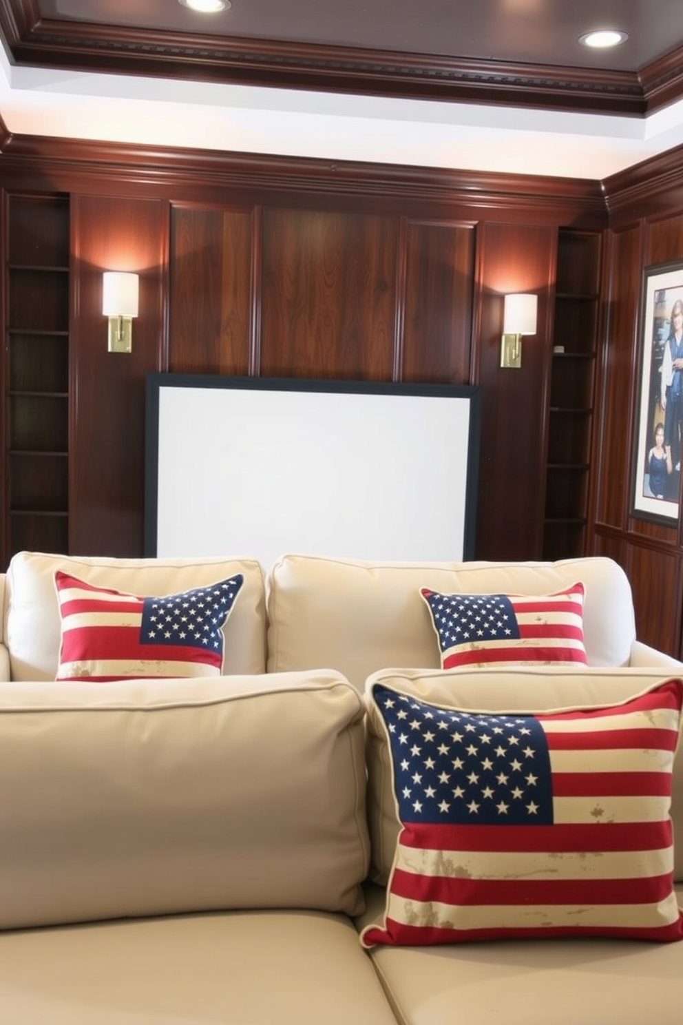 A cozy home theater featuring vintage American flag throw pillows that add a festive touch for Independence Day. The walls are adorned with dark wood paneling, and plush seating is arranged for optimal viewing comfort.