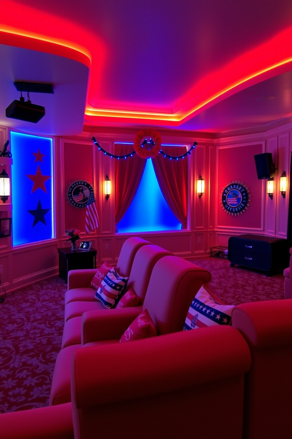 A vibrant home theater with red white and blue lighting accents creates a festive atmosphere for Independence Day celebrations. The walls are adorned with patriotic decorations while plush seating invites guests to enjoy the holiday spirit.