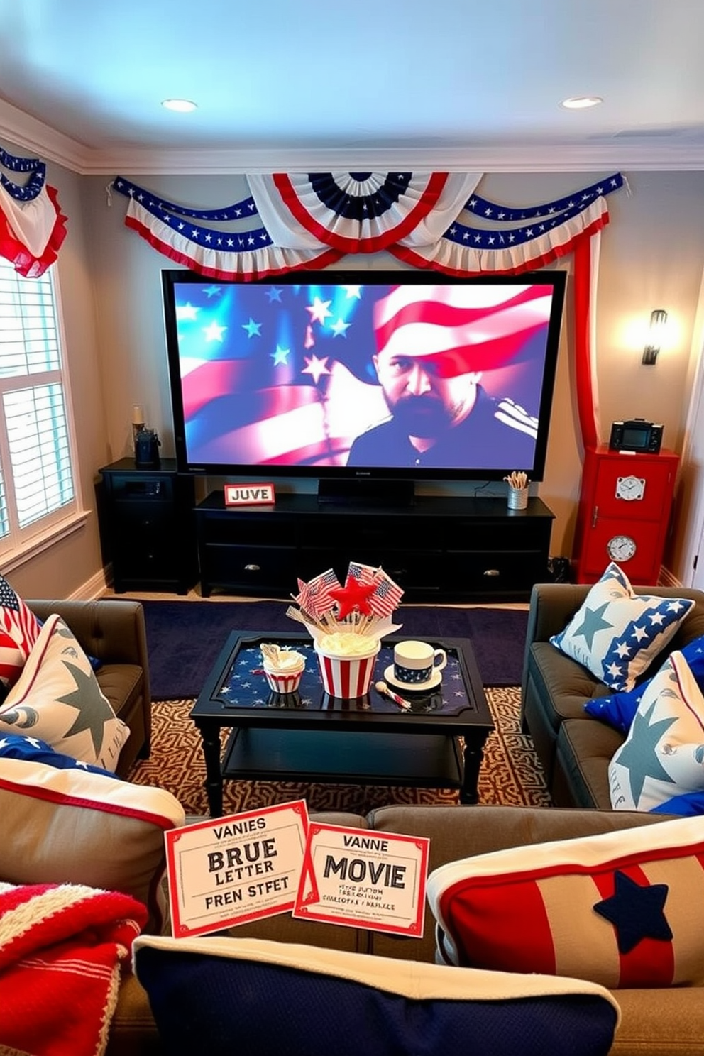 Create a cozy home theater setting for an Independence Day movie night. The walls are adorned with red white and blue decorations and a large screen is set up for viewing classic patriotic films. Include custom designed movie tickets displayed on a decorative table. Comfortable seating with themed throw pillows and blankets enhances the festive atmosphere.