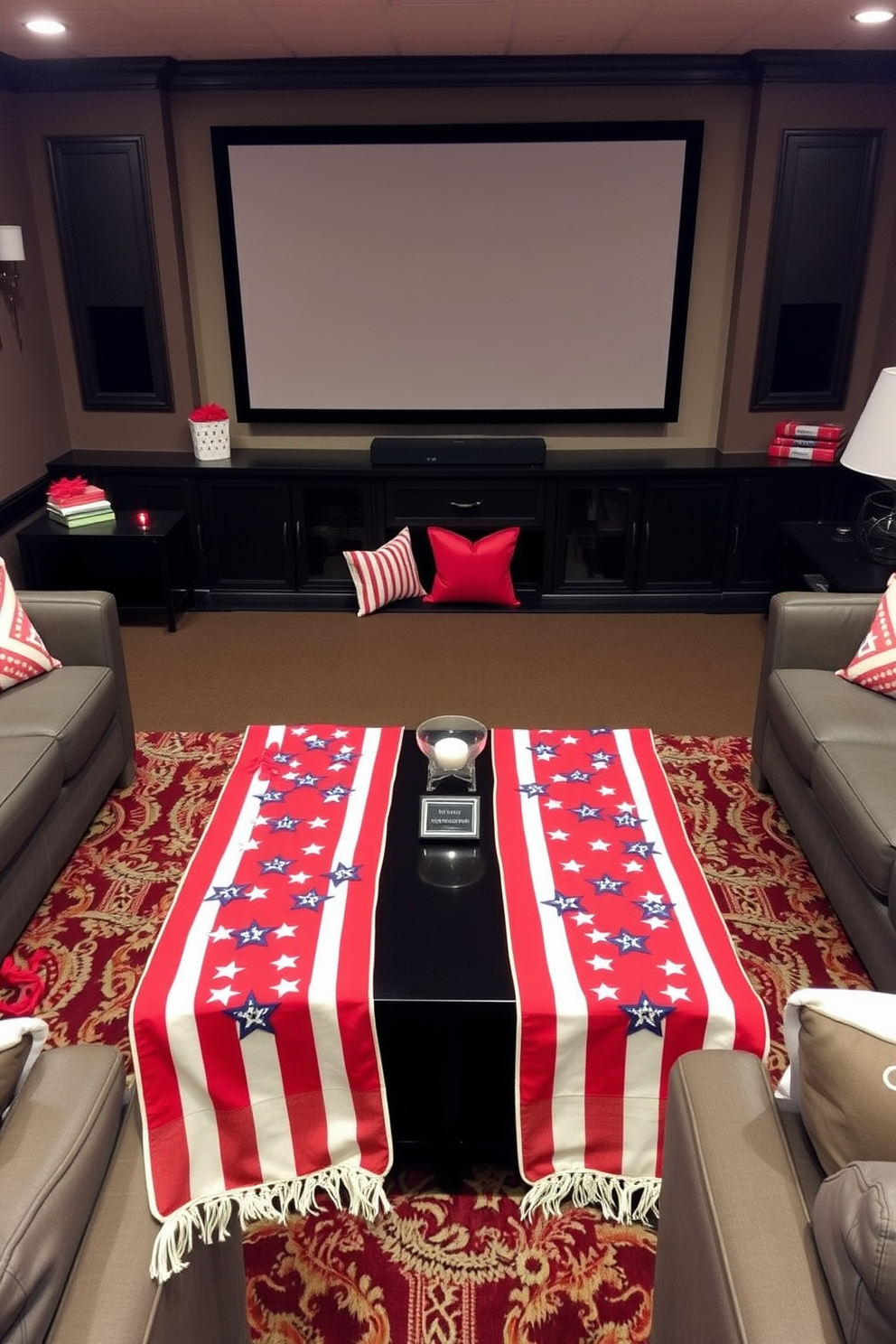 A festive home theater setting adorned with stars and stripes table runners. The runners drape elegantly over a sleek black coffee table, complemented by red, white, and blue accents throughout the room. Cozy seating arrangements feature plush sofas and armchairs, all positioned for optimal viewing of the big screen. Decorative pillows in patriotic colors add a touch of comfort and style to the space.