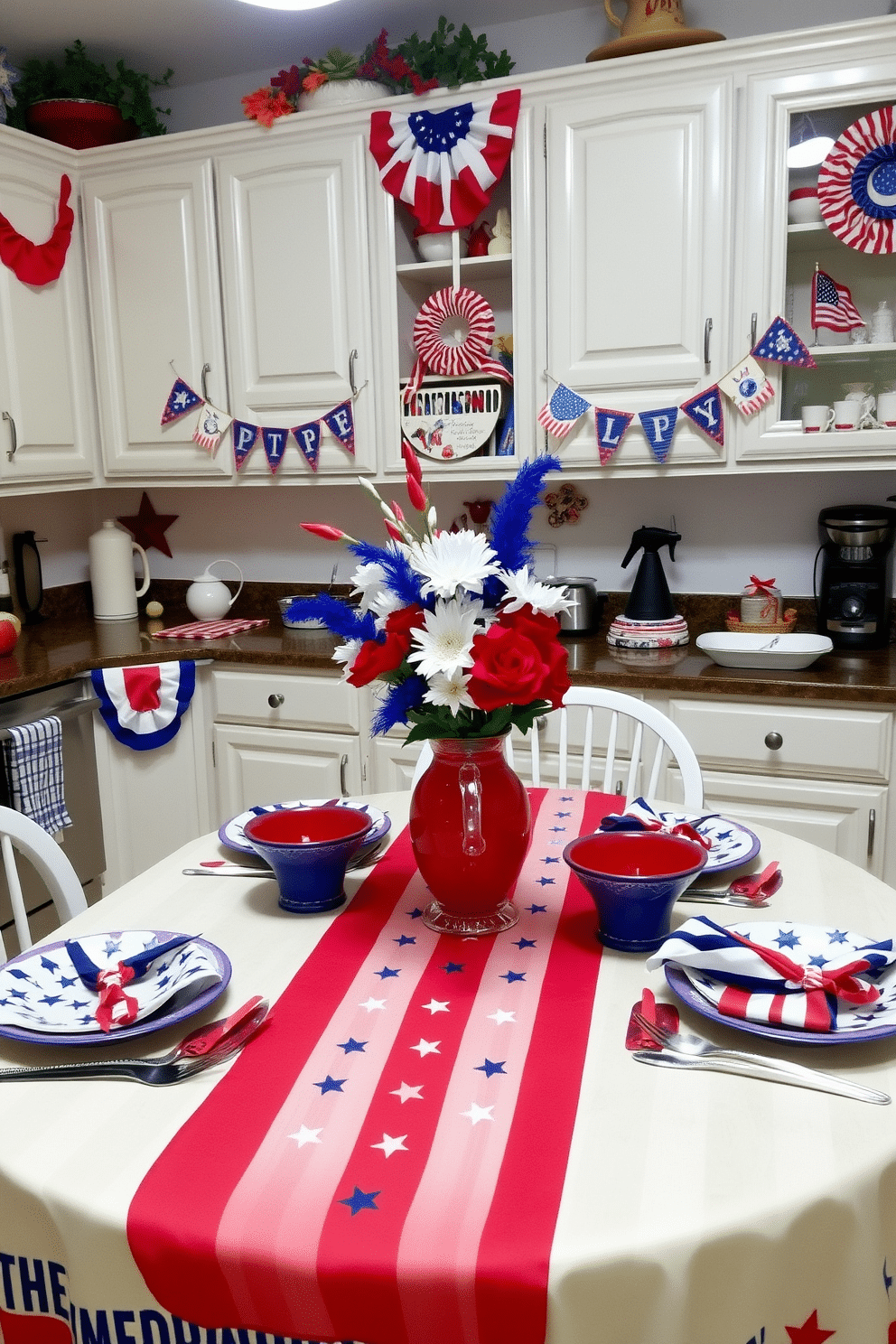 A festive kitchen setting adorned with red white and blue table linens. The table is set for a celebration with a vibrant tablecloth featuring stars and stripes, complemented by matching napkins and decorative plates. Patriotic accents are placed throughout the kitchen, including a centerpiece of fresh flowers in a red white and blue vase. Banners and garlands hang from the cabinets, adding a cheerful touch to the Independence Day decor.