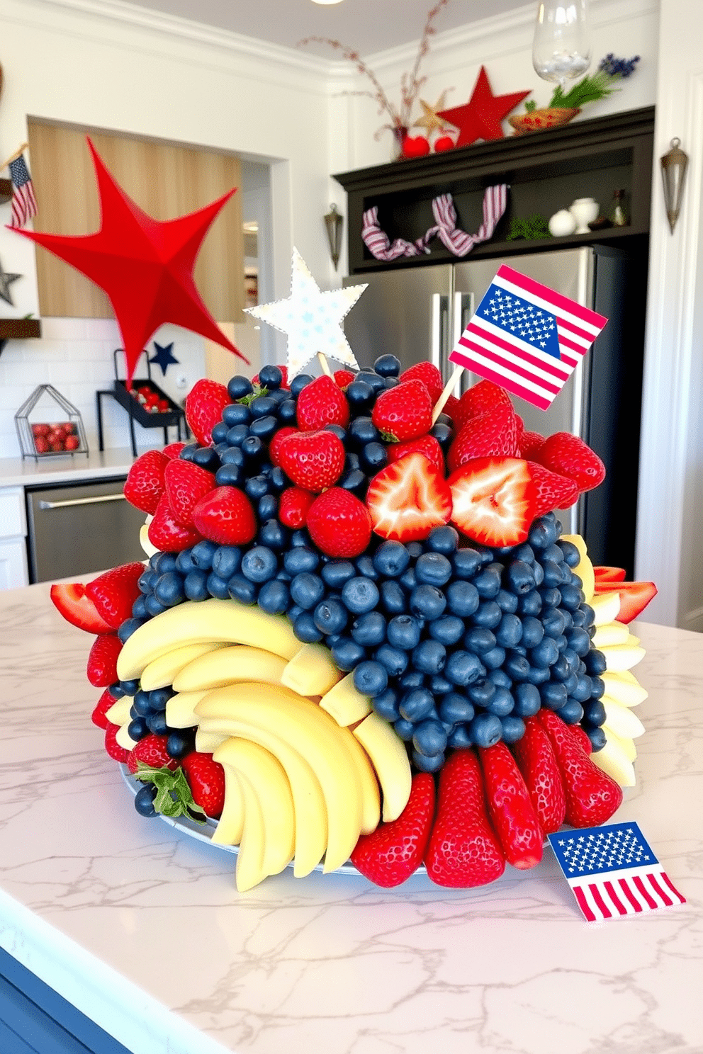 A vibrant fruit display featuring an array of red blue and white fruits arranged artistically on a white marble countertop. The kitchen is adorned with festive decorations including stars and stripes accents, creating a celebratory atmosphere for Independence Day.