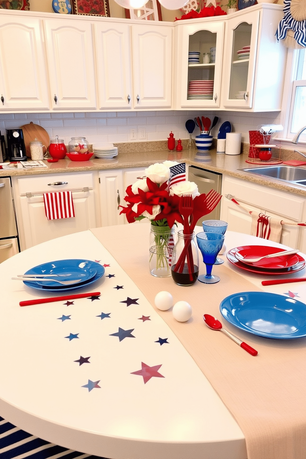 A festive kitchen setting for Independence Day. The table is adorned with a stars and stripes table runner that adds a patriotic touch. Red, white, and blue accents are incorporated throughout the space. Colorful dishes and utensils complement the theme, creating a cheerful atmosphere.