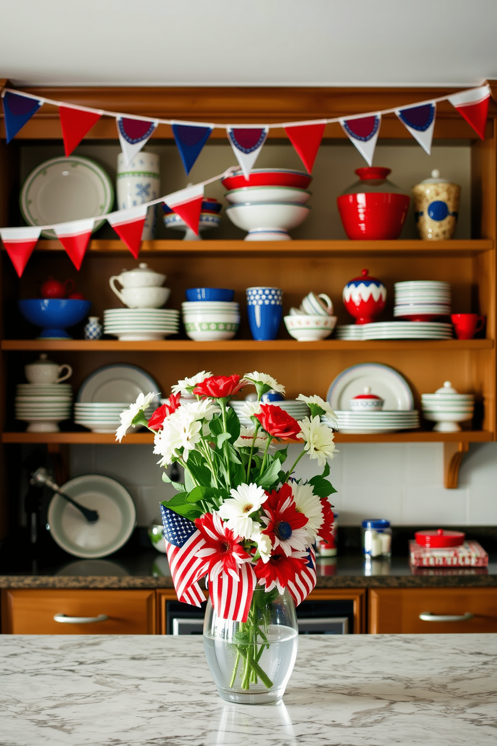 A festive kitchen adorned with bunting strung along the shelves creates a cheerful atmosphere. The bunting features red, white, and blue colors, celebrating Independence Day in style. The kitchen shelves are filled with vibrant dishware and seasonal decor, enhancing the festive look. Fresh flowers in a patriotic vase sit on the countertop, adding a touch of elegance to the celebration.