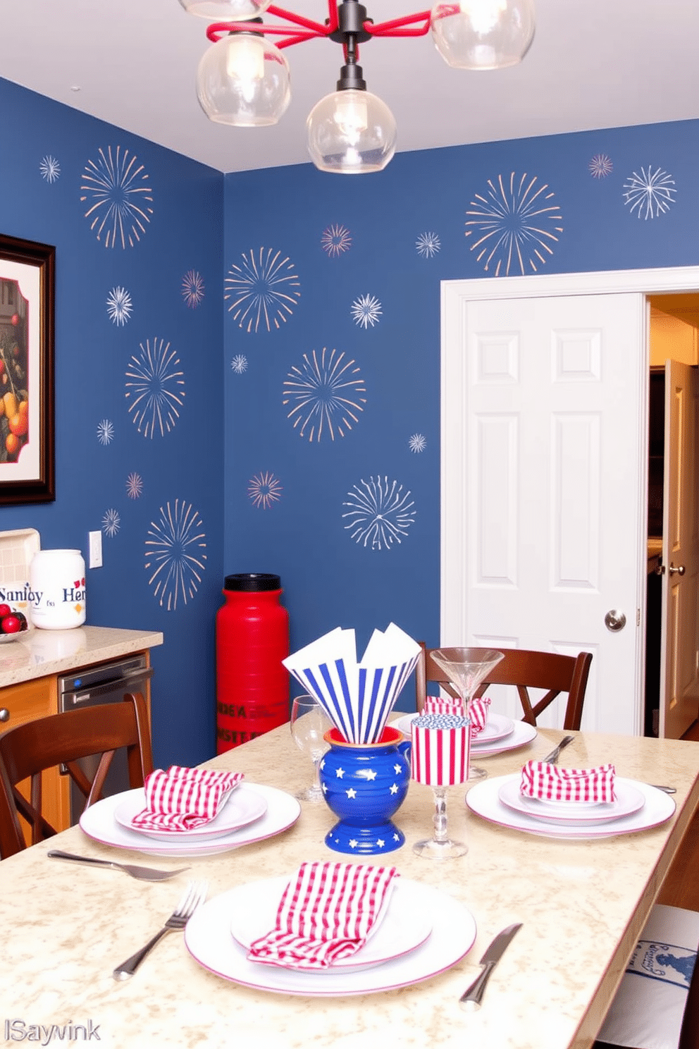 Firework inspired wall decals create a festive atmosphere in the kitchen. The vibrant colors and dynamic designs add a playful touch to the space. Independence Day kitchen decorating ideas include red, white, and blue table settings. Incorporate themed dishware and decorative accents to celebrate the holiday in style.