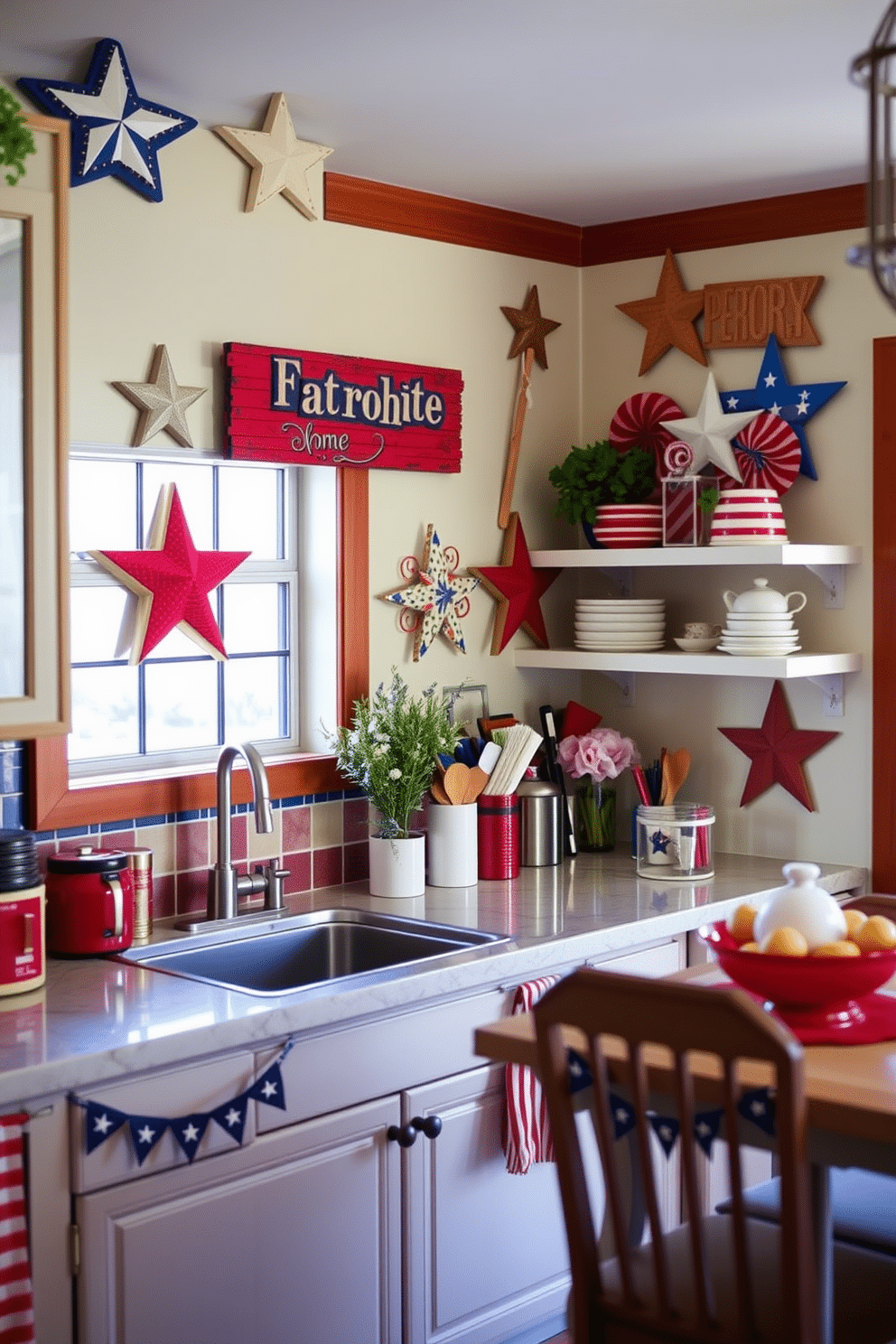 A festive kitchen adorned with decorative patriotic signs on the walls. Red white and blue accents are featured throughout the space creating a vibrant and celebratory atmosphere.