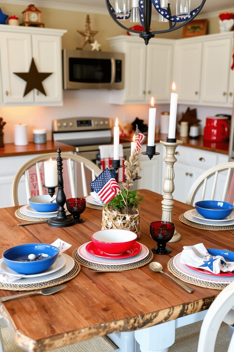 A cozy kitchen adorned for Independence Day. The centerpiece is a rustic wooden table set with vibrant red, white, and blue tableware, surrounded by candle holders featuring star motifs that add a festive touch.