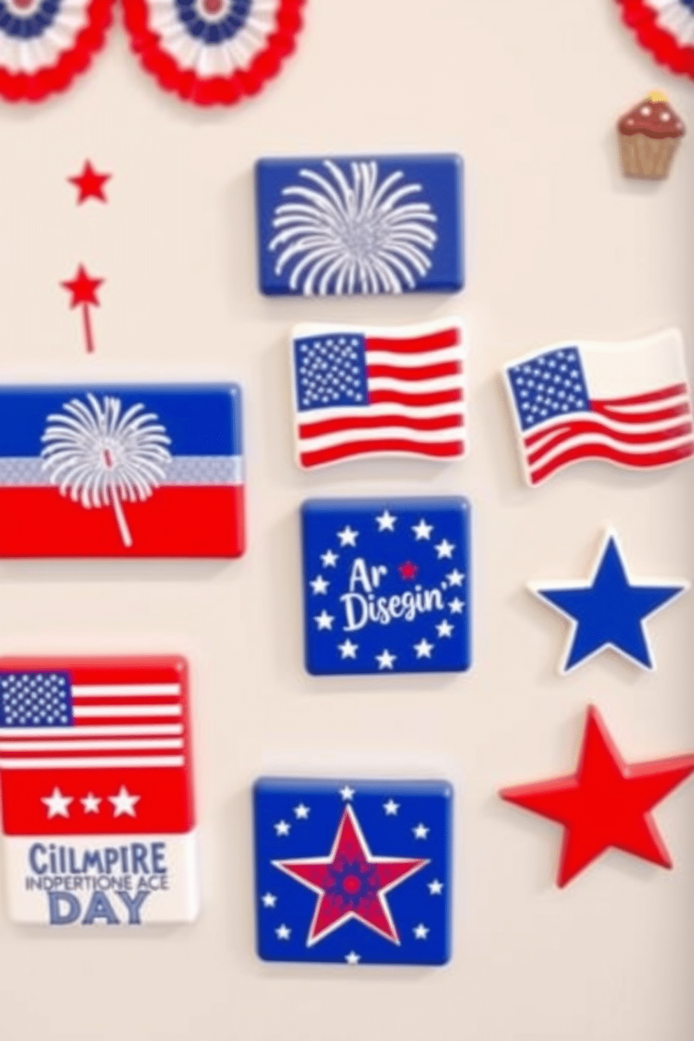 A collection of themed fridge magnets showcasing vibrant designs related to Independence Day. Each magnet features iconic symbols such as fireworks, the American flag, and stars, adding a festive touch to your kitchen decor. Incorporate red, white, and blue elements throughout the kitchen to celebrate Independence Day. Use themed tableware, banners, and centerpieces to create a cohesive and patriotic atmosphere for your gatherings.