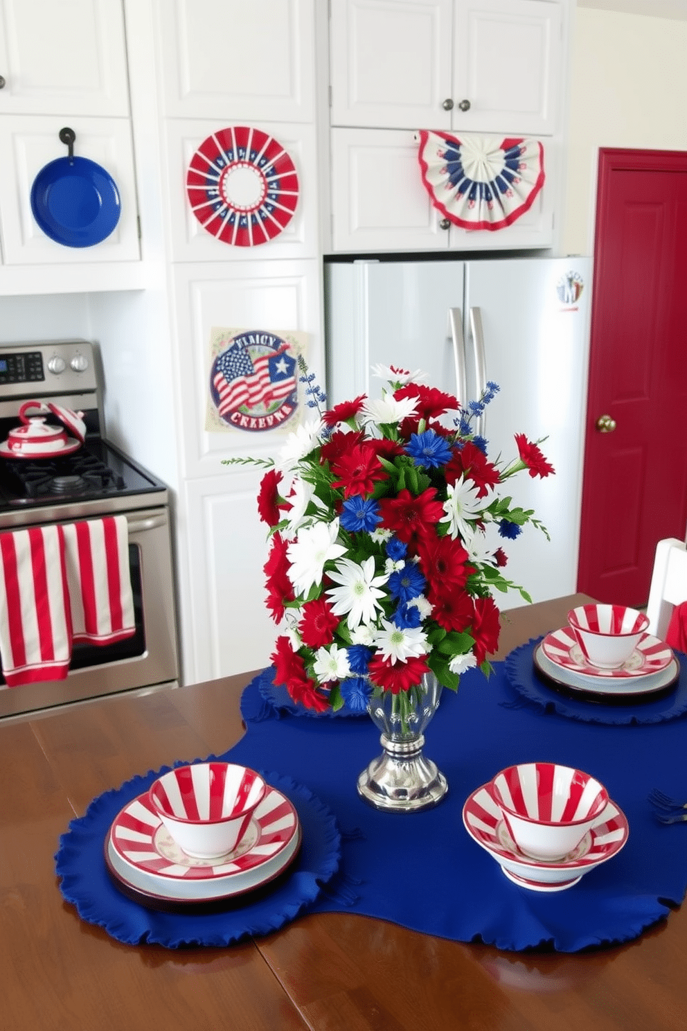 A patriotic kitchen setting adorned with red blue and white dish towels hanging from the oven and refrigerator. The countertops are decorated with festive tableware and a centerpiece featuring a vibrant bouquet of red white and blue flowers.