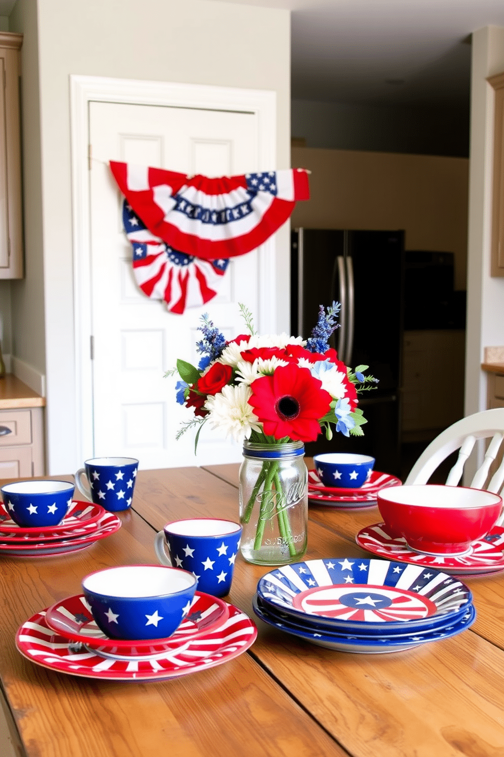 A patriotic themed dishware set featuring red white and blue colors with stars and stripes designs. The plates are complemented by matching cups and serving bowls arranged on a rustic wooden table. For Independence Day kitchen decorating ideas hang a festive banner adorned with the American flag across the kitchen entrance. Place a centerpiece of fresh red white and blue flowers in a mason jar on the kitchen island to enhance the celebratory atmosphere.