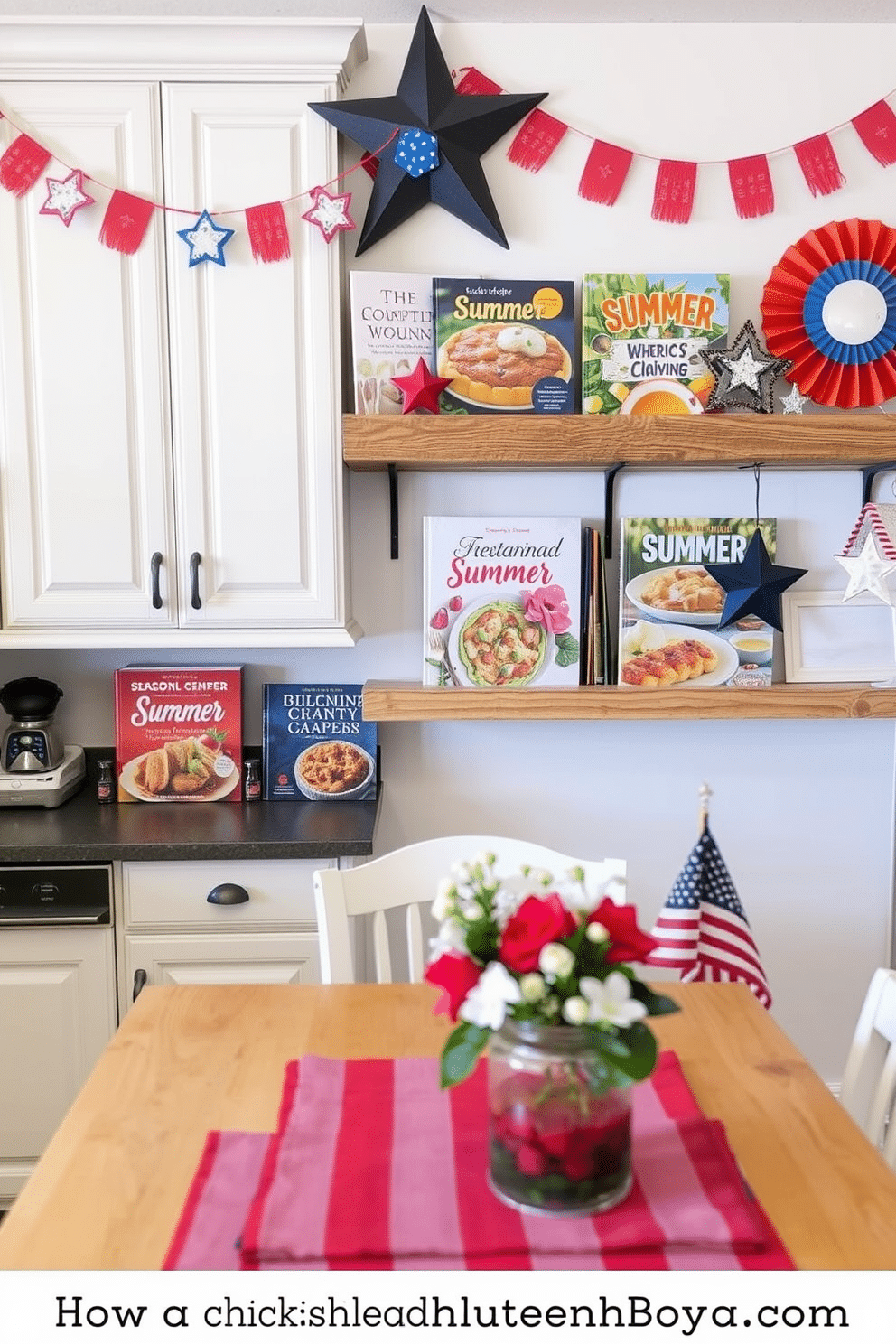 A cozy kitchen setting adorned with seasonal themed cookbooks displayed on a rustic wooden shelf. The cookbooks feature vibrant covers showcasing summer recipes and festive dishes, adding a splash of color to the space. Red, white, and blue accents are incorporated throughout the kitchen to celebrate Independence Day. Bunting and star-shaped decorations hang from the cabinets, while a patriotic table runner adorns the dining table.