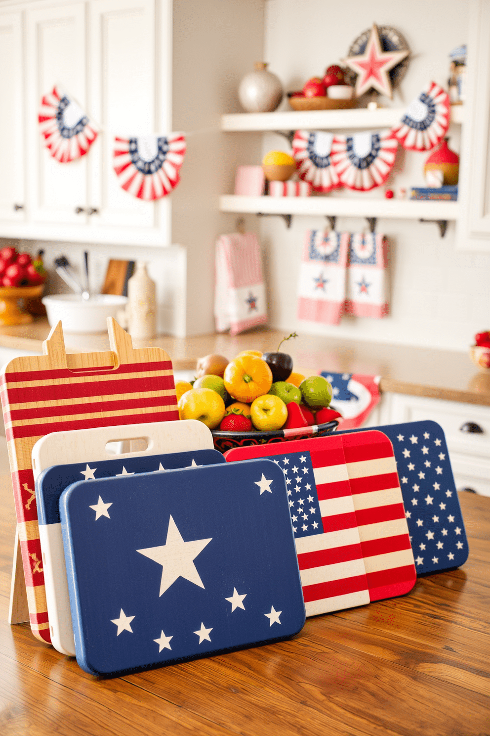 A collection of patriotic themed cutting boards is displayed on a rustic wooden countertop. Each board features unique designs, including stars and stripes, adding a festive touch to the kitchen. The kitchen is adorned with red, white, and blue decorations, including bunting and themed dish towels. A vibrant fruit bowl filled with seasonal fruits complements the Independence Day decor, creating a cheerful atmosphere.