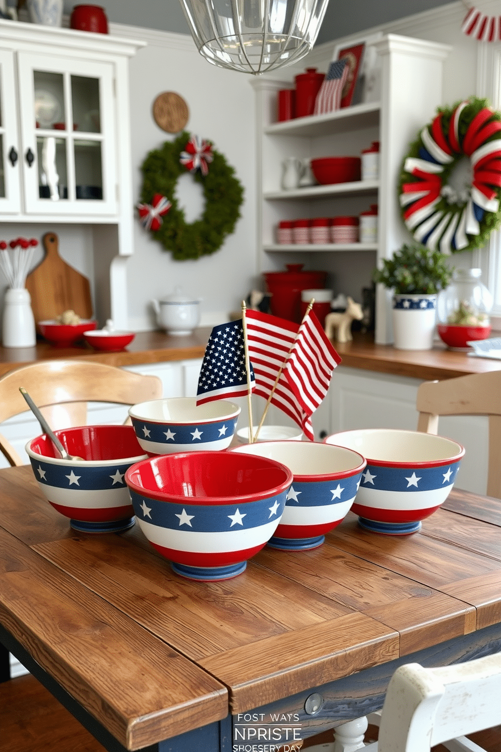 A vibrant kitchen setting celebrating Independence Day. Decorative bowls featuring flag patterns are arranged on a rustic wooden table, complemented by red, white, and blue accents throughout the space.