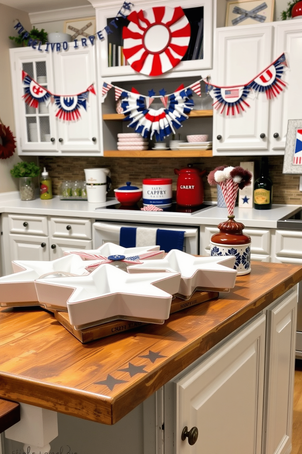 A festive kitchen setting for Independence Day. The focal point is a set of star-shaped serving platters arranged on a rustic wooden countertop. Red, white, and blue accents are incorporated throughout the space. Banners and garlands hang from the cabinets, creating a celebratory atmosphere.