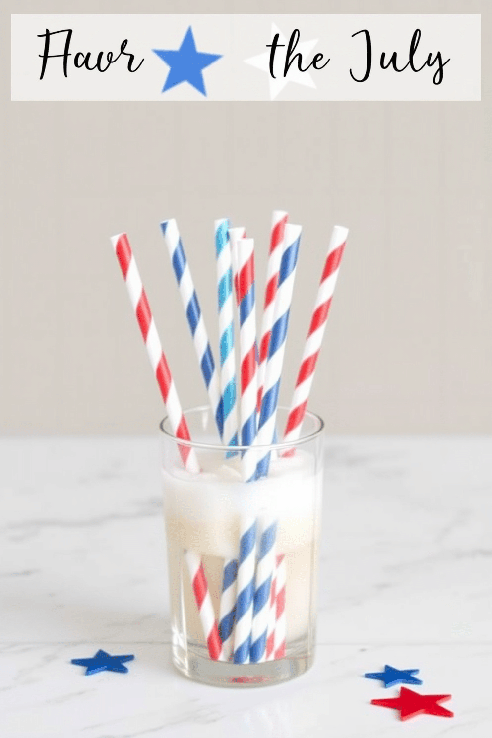 Festive paper straws for drinks. These colorful straws feature red white and blue stripes and are perfect for adding a patriotic touch to any beverage. Independence Day kitchen decorating ideas. Consider using star shaped garlands and themed tableware to create a festive atmosphere for your Fourth of July celebrations.