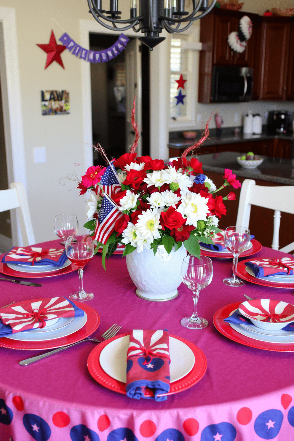 A festive table setting for Independence Day featuring red blue and white elements. The table is adorned with a vibrant tablecloth, complemented by matching plates and napkins, creating a patriotic atmosphere. Fresh flowers in red white and blue arrangements are placed in the center of the table. Sparkling glassware and themed decorations enhance the celebratory feel of the kitchen space.