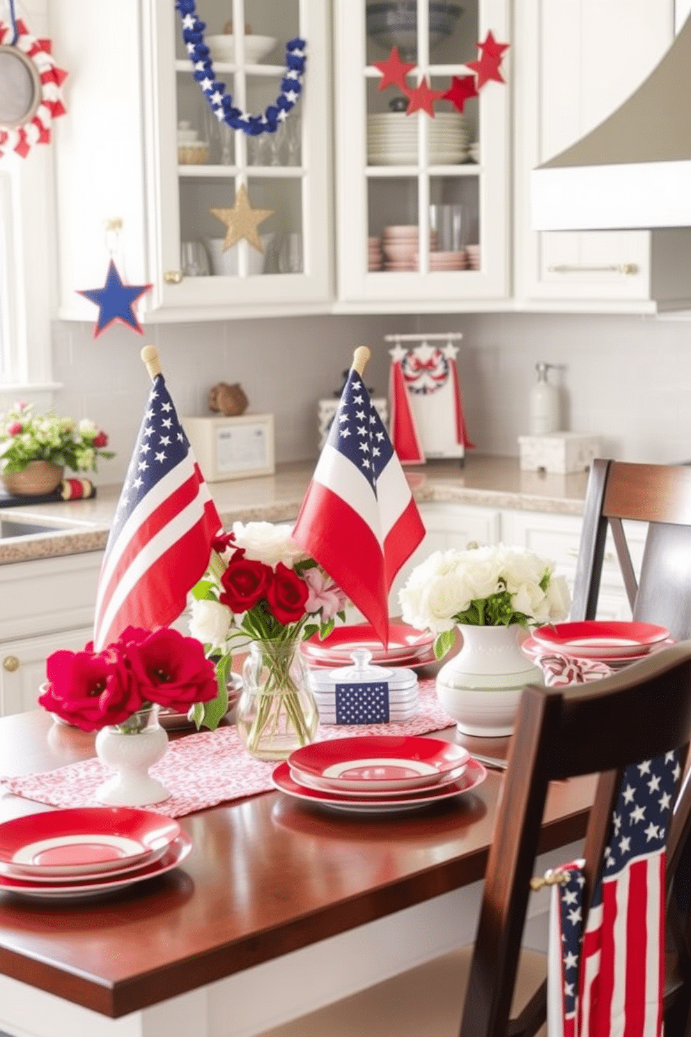 Tabletop flags in vibrant red white and blue add a festive touch to the kitchen. They are strategically placed on the dining table surrounded by fresh flowers and patriotic-themed dishware. Independence Day kitchen decorating ideas include hanging star-shaped garlands from the cabinets. Red white and blue dish towels can be displayed on the oven handle to enhance the celebratory atmosphere.