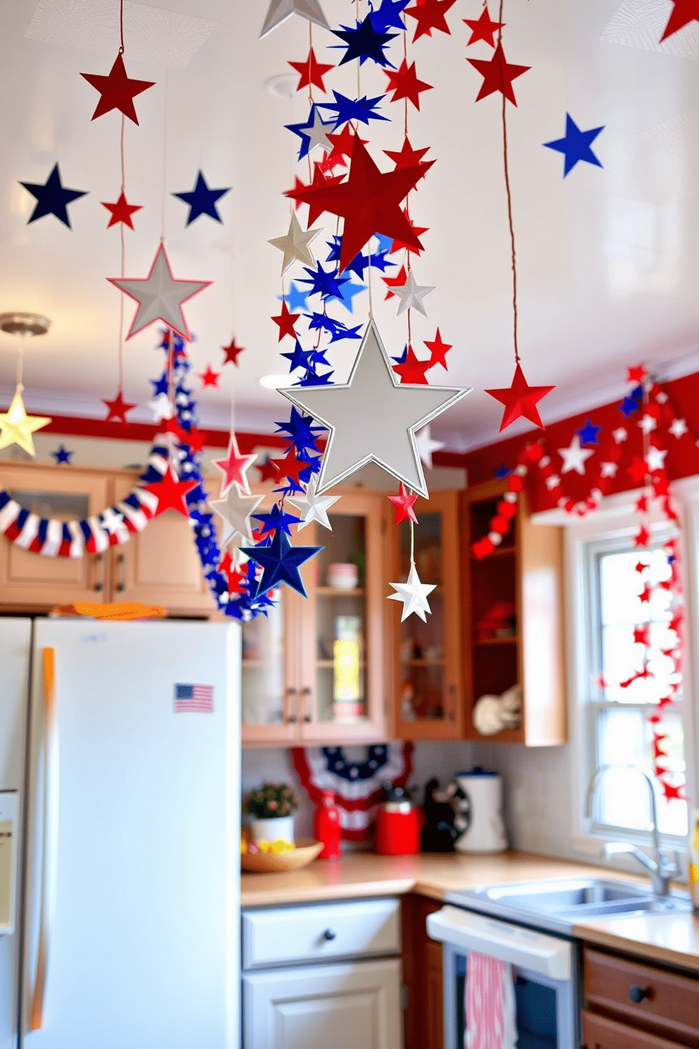 A festive kitchen adorned with star garlands gracefully hanging from the ceiling. The vibrant red, white, and blue color scheme embodies the spirit of Independence Day, creating a cheerful and inviting atmosphere.