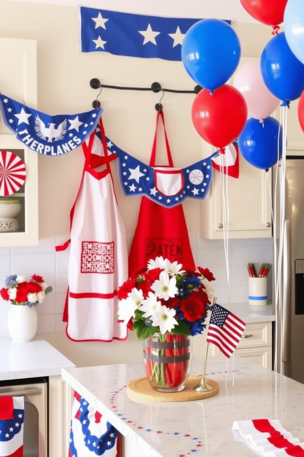 Create a vibrant kitchen scene decorated for Independence Day. The kitchen features red white and blue themed aprons hanging on hooks, adding a festive touch to the space. The countertops are adorned with patriotic decorations, including a centerpiece of fresh flowers in red white and blue. Banners and balloons in the same color scheme are draped around the kitchen, enhancing the celebratory atmosphere.