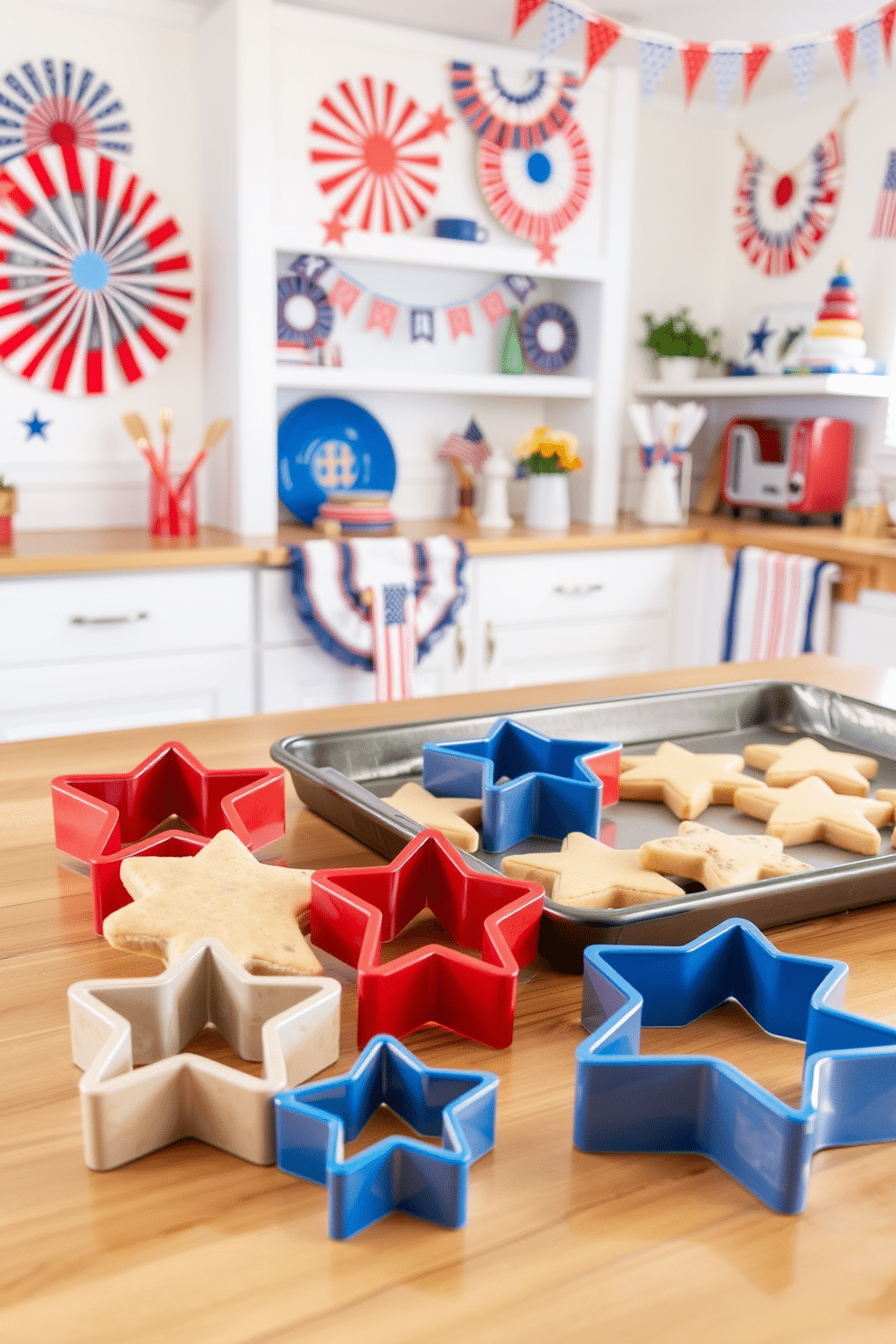 A collection of star shaped cookie cutters in various sizes is displayed on a wooden kitchen counter. The background features a bright and cheerful kitchen with red, white, and blue decor celebrating Independence Day. Colorful bunting and flags adorn the walls, creating a festive atmosphere. A tray of freshly baked cookies shaped like stars is placed next to the cookie cutters, inviting creativity and celebration.