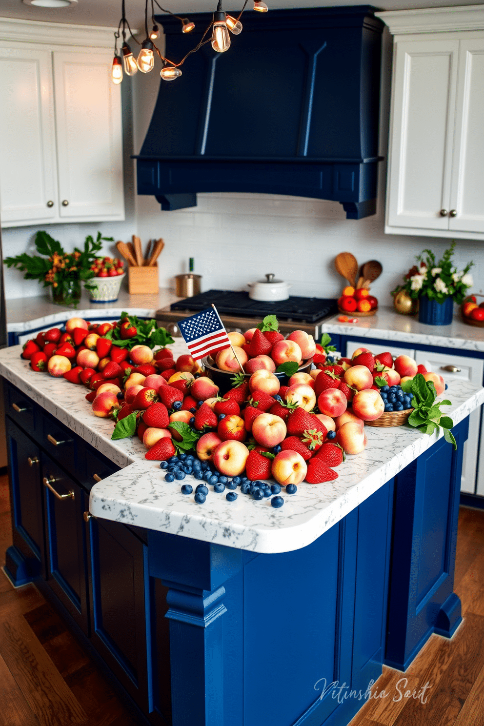 A vibrant kitchen setting adorned with seasonal fruit in patriotic colors. The countertops are filled with red strawberries, white peaches, and blue blueberries, creating a festive atmosphere for Independence Day. Above the island, a series of string lights twinkle, adding warmth to the space. The walls are painted in a crisp white, while the cabinets are a deep navy blue, enhancing the overall patriotic theme.