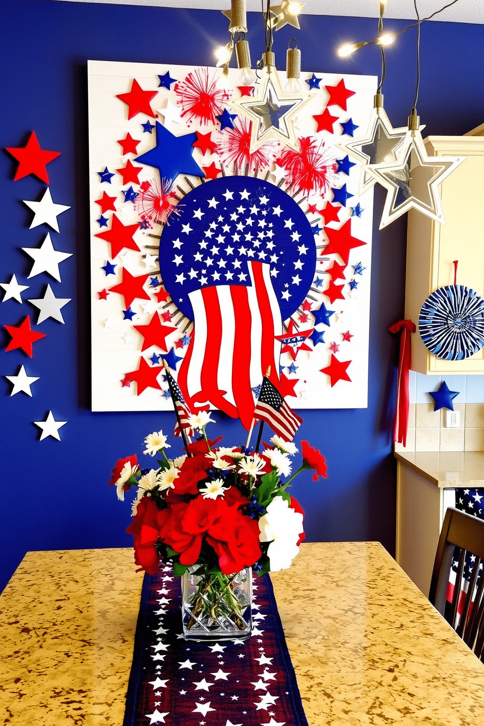 A vibrant Fourth of July themed wall art displays a collection of red white and blue stars and stripes. The artwork features a large American flag centerpiece surrounded by festive fireworks. In the kitchen patriotic decorations include a table runner adorned with stars and a centerpiece of fresh flowers in red white and blue. String lights in the shape of stars hang above the countertops adding a celebratory touch.