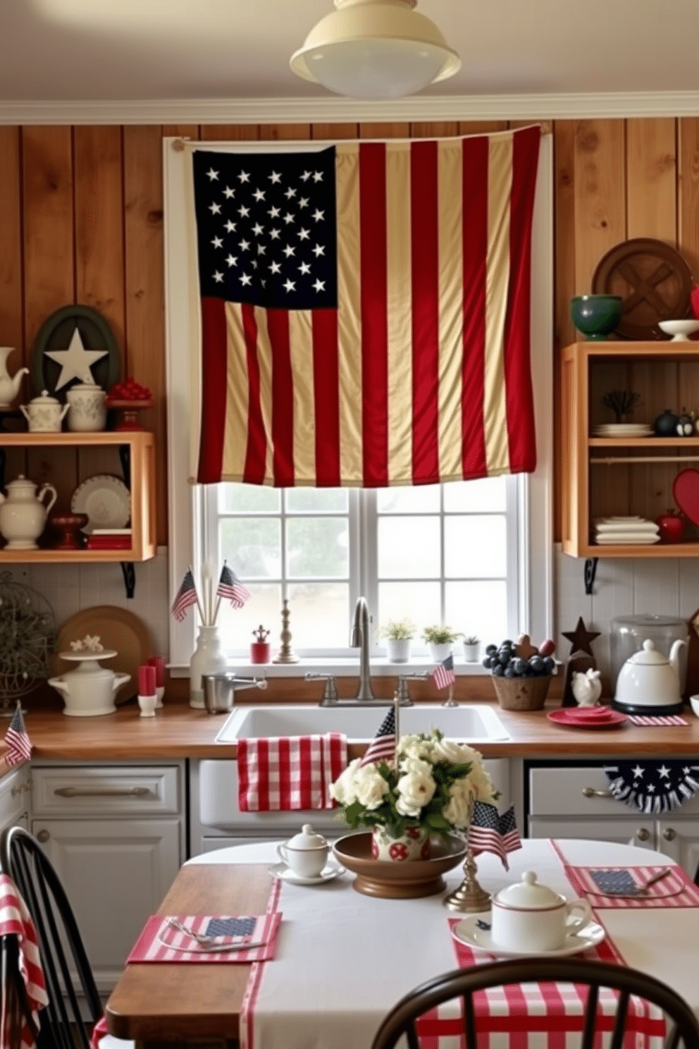 A charming kitchen adorned with vintage American flag decor pieces. The walls feature a rustic wooden paneling, and a large framed American flag hangs prominently above a farmhouse sink. Red, white, and blue accents are woven throughout the space, with a table set for a festive gathering. A collection of antique kitchenware and stars and stripes table linens complete the Independence Day theme.