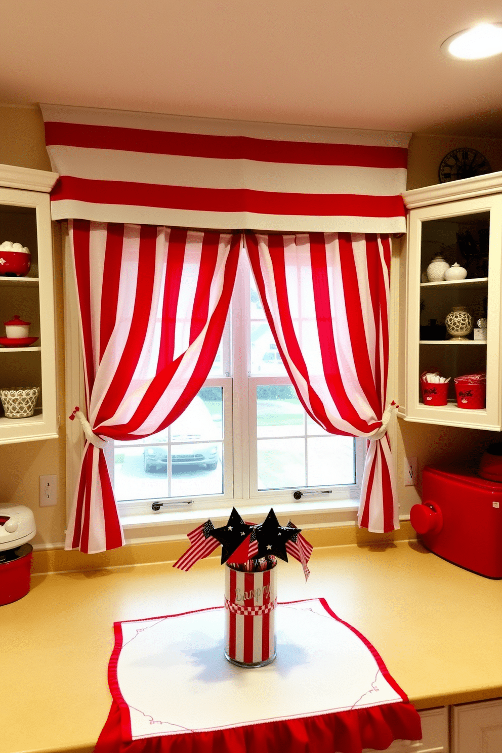 A bright and festive kitchen adorned with red and white striped curtains that flutter gently in the breeze. The curtains frame a large window, allowing natural light to fill the space and enhance the cheerful atmosphere. The countertops are decorated with themed accessories, including a red and white tablecloth and a centerpiece featuring stars and stripes. Red accents are incorporated throughout the kitchen, from the appliances to the decorative items, creating a cohesive Independence Day celebration.