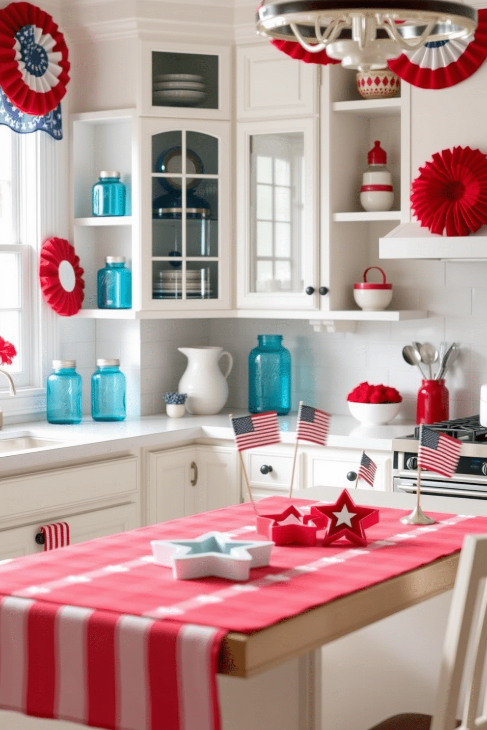 A bright and festive kitchen filled with Independence Day decorations. Blue glass jars are used for storage, adding a pop of color and charm to the space. The countertops are adorned with red, white, and blue accents, including a patriotic table runner. Star-shaped cookie cutters and small flags are playfully arranged to enhance the celebratory atmosphere.