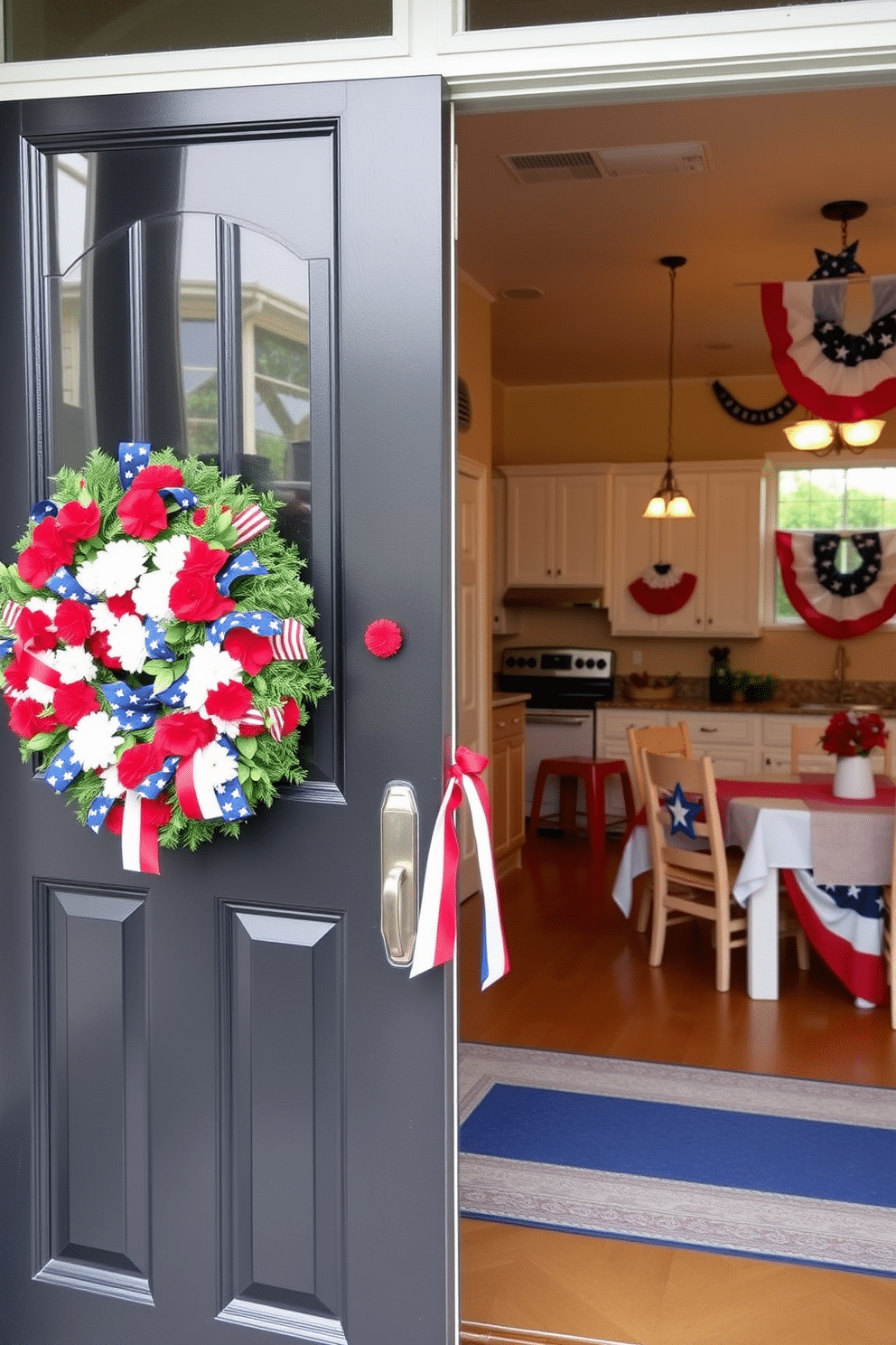 A patriotic wreath is beautifully hung on the front door, adorned with red white and blue flowers and ribbons. The entrance is welcoming and festive, setting a cheerful tone for Independence Day celebrations. Inside the kitchen, vibrant decorations in red white and blue create a festive atmosphere. Banners and tablecloths featuring stars and stripes complement the patriotic theme, making the space perfect for holiday gatherings.