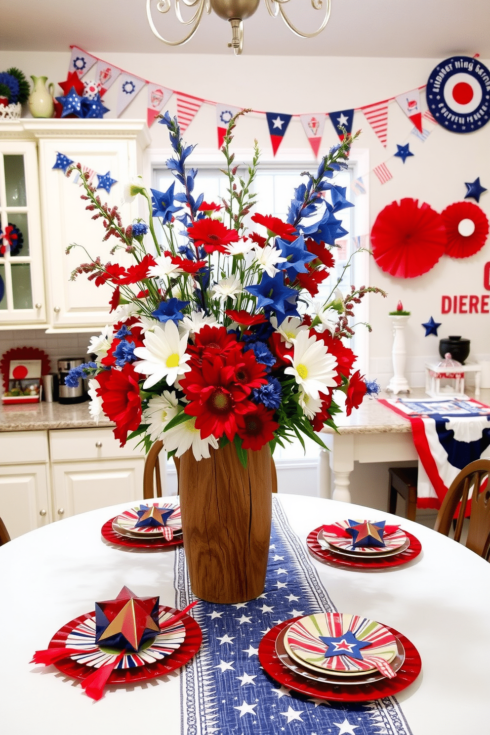 A vibrant centerpiece adorned with an array of colorful flowers in shades of red white and blue. The arrangement is placed in a rustic wooden vase set on a crisp white tablecloth surrounded by patriotic decorations. A cheerful kitchen decorated for Independence Day featuring red white and blue accents. Banners and streamers hang from the cabinets while a festive table setting showcases themed dishware and a star-spangled table runner.