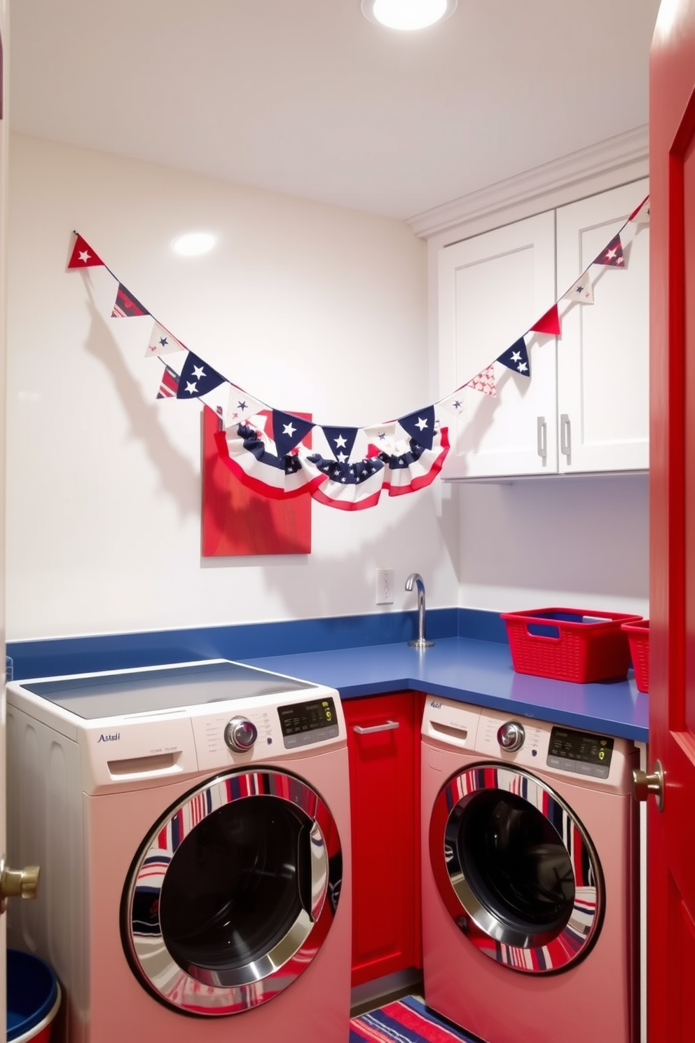 A vibrant laundry room featuring a patriotic red white and blue color scheme. The walls are painted in a crisp white, while the cabinetry showcases bold red accents and blue countertops. A decorative banner with stars and stripes is hung across the room, adding a festive touch. The laundry appliances are neatly arranged, complemented by red and blue storage baskets for organization.