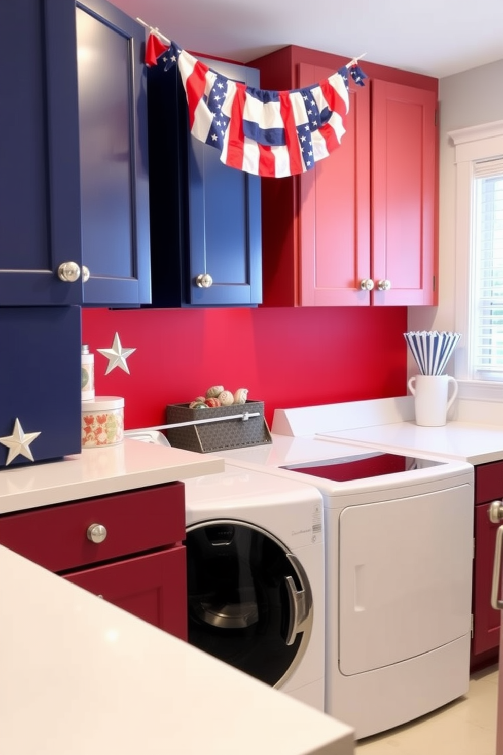 A vibrant laundry room designed for Independence Day. The space features a bright red accent wall adorned with patriotic decorations, while cabinets showcase star shaped cabinet knobs and pulls in a shiny silver finish. The countertops are a crisp white, providing a clean contrast to the bold colors. A decorative banner with stars and stripes hangs above the washer and dryer, completing the festive look.