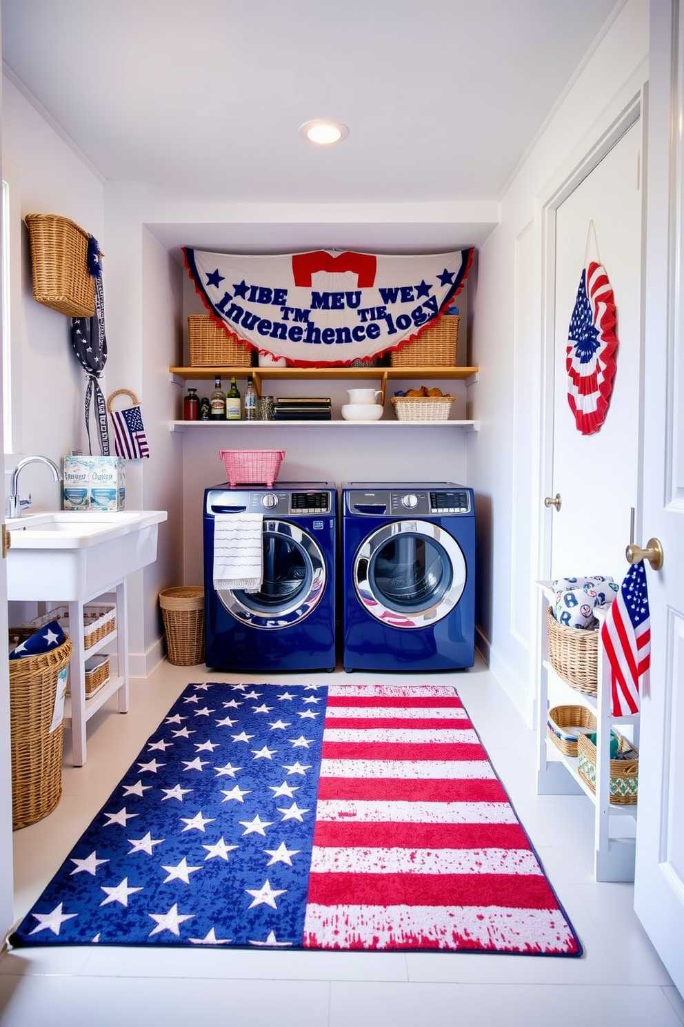 A vibrant laundry room featuring a flag patterned rug that adds a festive touch. The walls are painted in a crisp white, creating a bright and cheerful atmosphere for Independence Day celebrations.