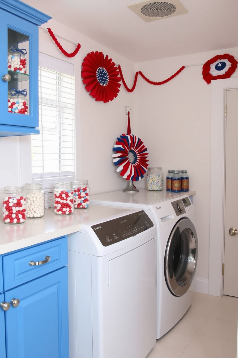 A vibrant laundry room adorned with decorative jars filled with red, white, and blue candy. The walls are painted in a crisp white, while the cabinetry features a cheerful blue finish, creating a festive atmosphere for Independence Day.