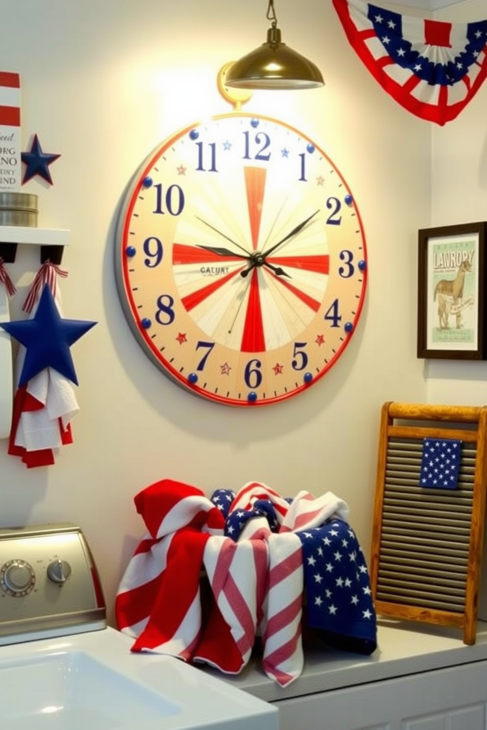 A patriotic themed laundry room features a large wall clock adorned with red white and blue colors. The clock is designed with stars and stripes elements to celebrate Independence Day. The laundry room is decorated with festive bunting and wall art that reflects the spirit of the holiday. A vintage style washboard and a basket filled with red white and blue towels add to the festive decor.