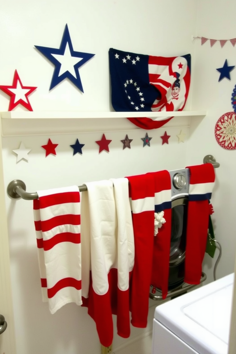 A cheerful laundry room decorated for Independence Day features hanging red white and blue towels neatly arranged on a rack. The walls are painted a soft white and accented with patriotic decor including stars and stripes motifs.