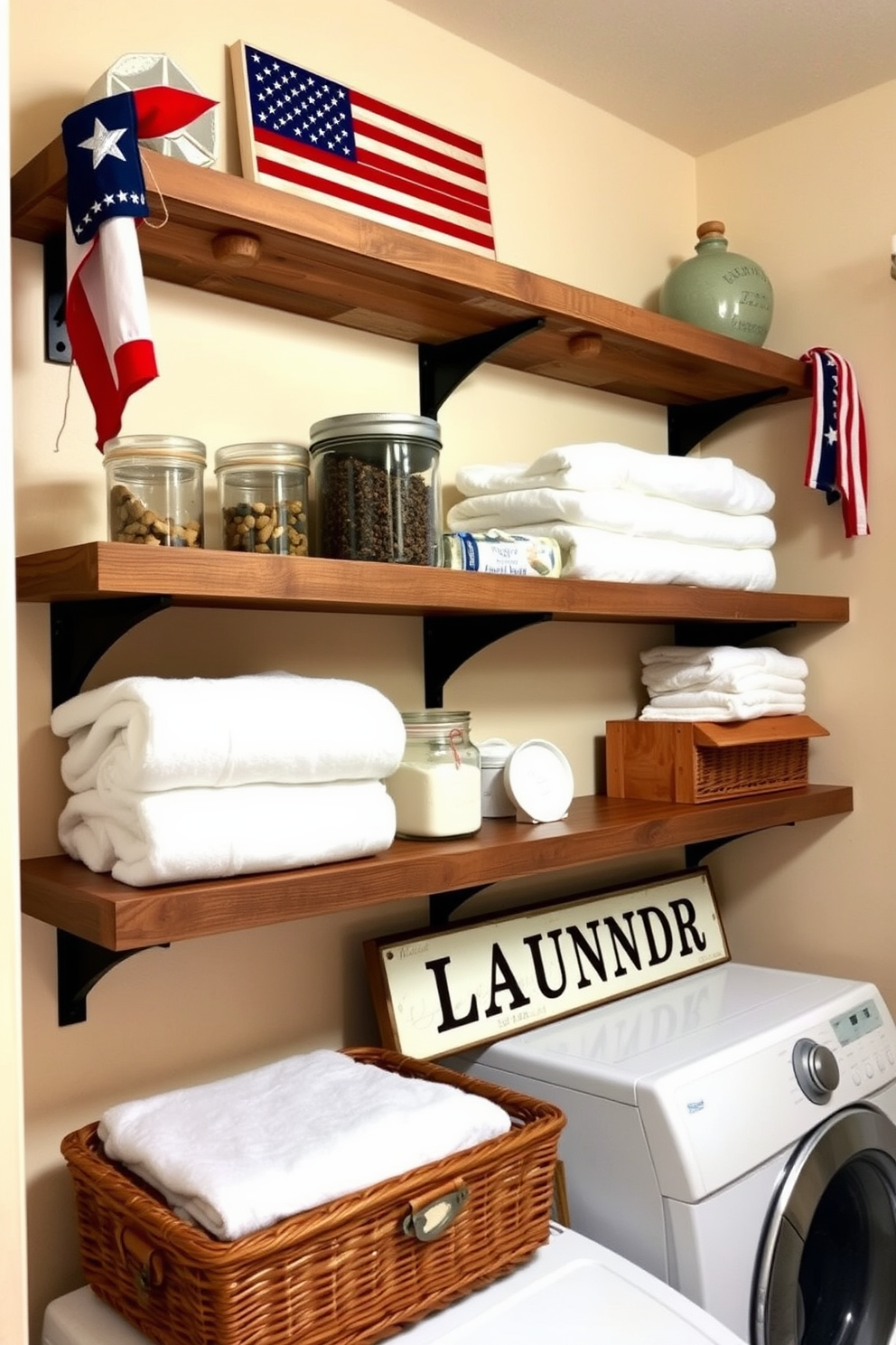 Rustic wood shelves adorned with flag accents create a warm and inviting atmosphere in the laundry room. The shelves are filled with neatly folded towels and decorative jars, while a vintage laundry sign adds a touch of charm to the space.