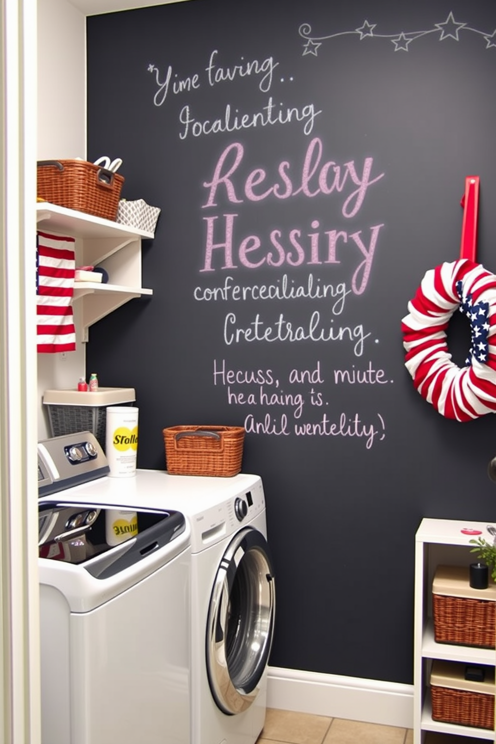 A charming laundry room featuring a large chalkboard wall where festive holiday messages are written in colorful chalk. The space is bright and inviting, with a stylish washer and dryer set, and decorative storage baskets placed neatly on open shelves. The decor is themed around Independence Day, with red, white, and blue accents throughout the room. A vintage-style flag hangs on one wall, and a cheerful wreath made of stars and stripes adorns the door.