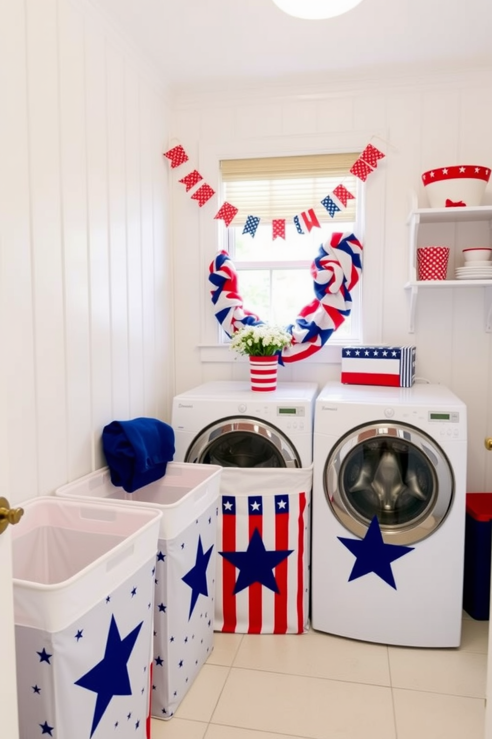 A cheerful laundry room setting adorned with red, blue, and white laundry hampers. The walls are painted in a soft white hue, creating a bright and airy atmosphere perfect for Independence Day celebrations. The hampers are arranged neatly in a corner, each featuring stars and stripes patterns. A festive garland of red and blue bunting hangs above the window, adding a touch of patriotic spirit to the space.