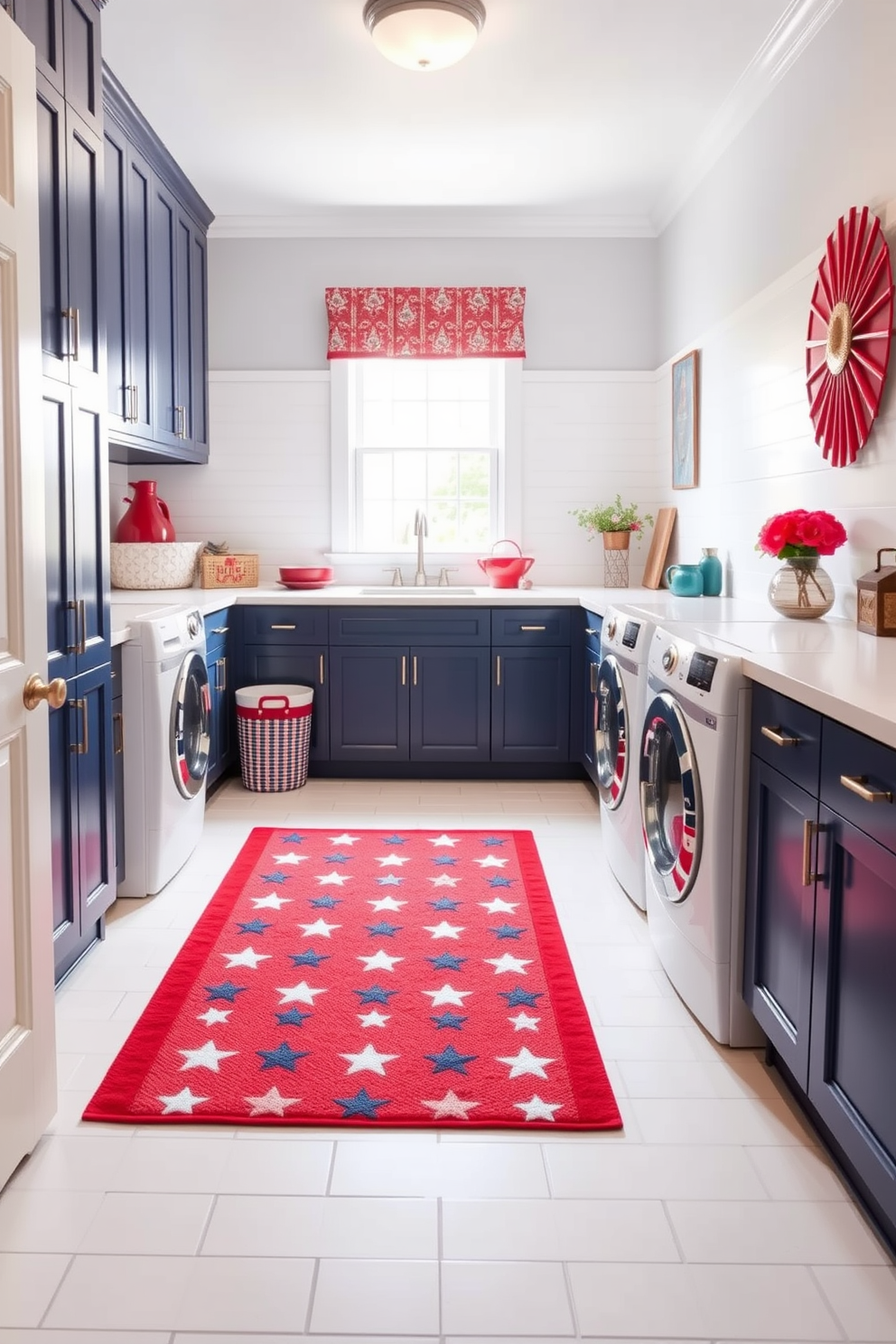 A vibrant laundry room featuring a stars and stripes mat that adds a festive touch. The walls are painted in a crisp white, complemented by navy blue cabinetry and red accents throughout the space. Decorative elements include a vintage-style laundry basket and patriotic-themed wall art. A bright window allows natural light to flood the room, enhancing the cheerful atmosphere.